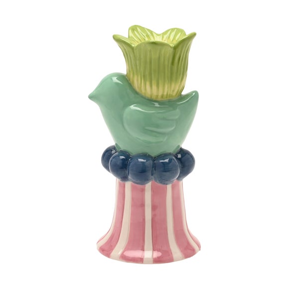 Hestia Bird & Green Flower Candlestick Holder