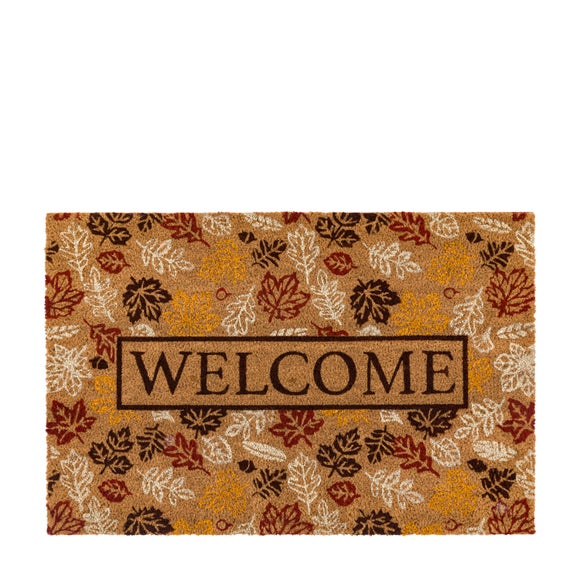 Cedar and Sage Warm Autumnal Printed Leaves Welcome Coir Doormat