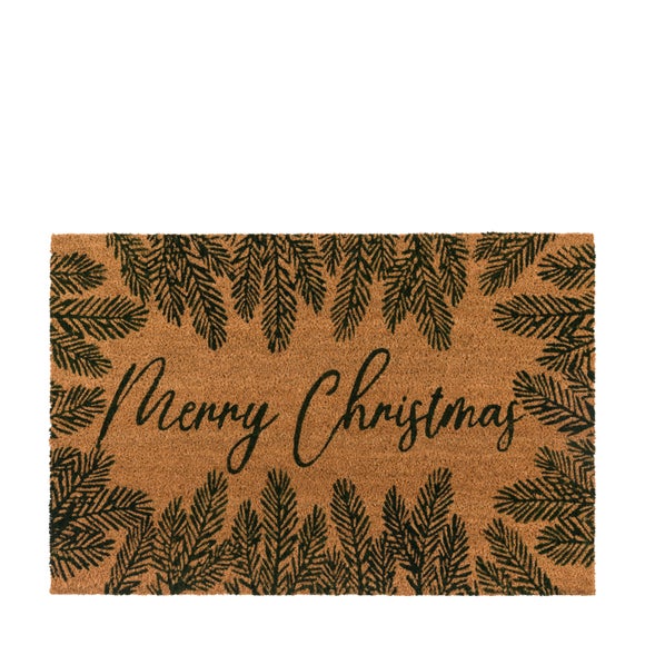 Cedar and Sage Pine Leaves Border Merry Christmas Coir Doormat