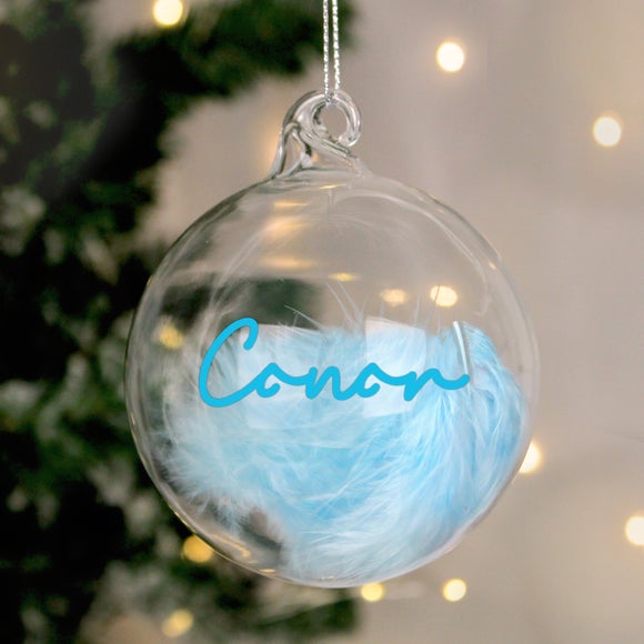 Personalised Blue Feather Name Bauble