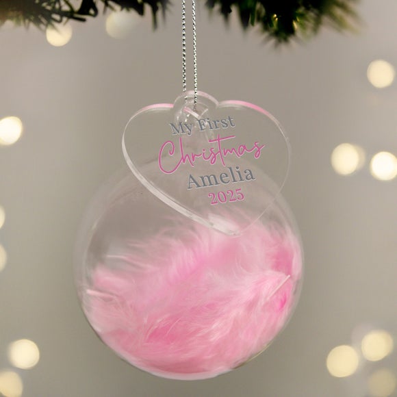 Personalised Pink Feather 1st Christmas With Acrylic Heart Bauble