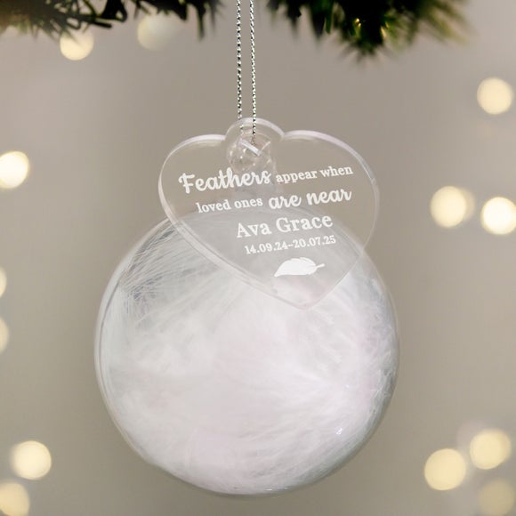 Personalised Memorial White Feather With Heart Glass Bauble