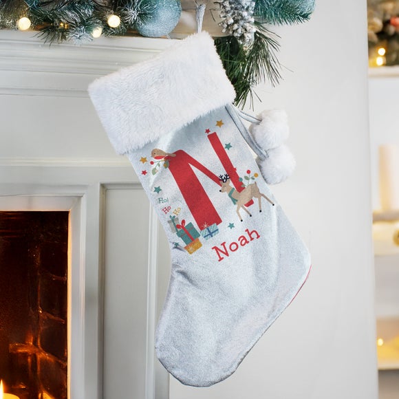 Personalised Grey Initial Reindeer Stocking