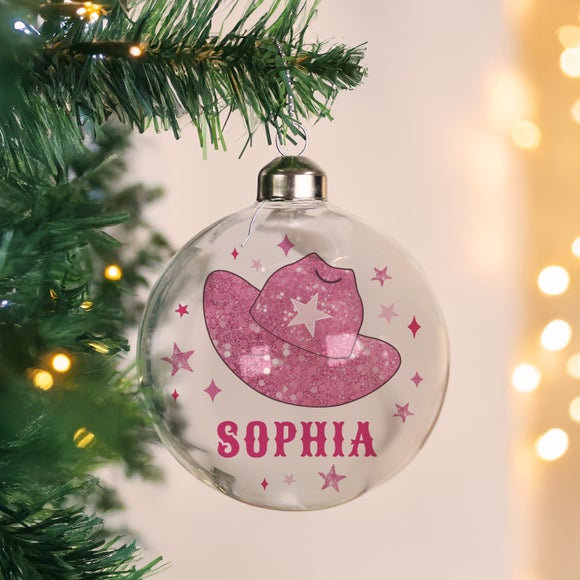 Personalised Pink Cowgirl Glass Bauble