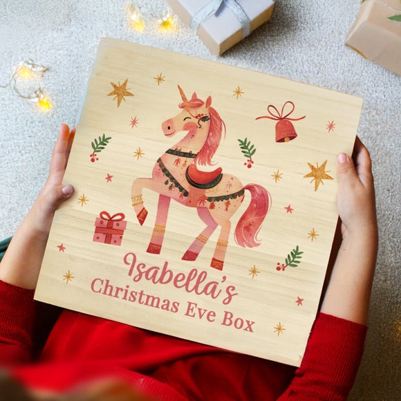 Personalised Pink Unicorn Wooden Christmas Eve Box