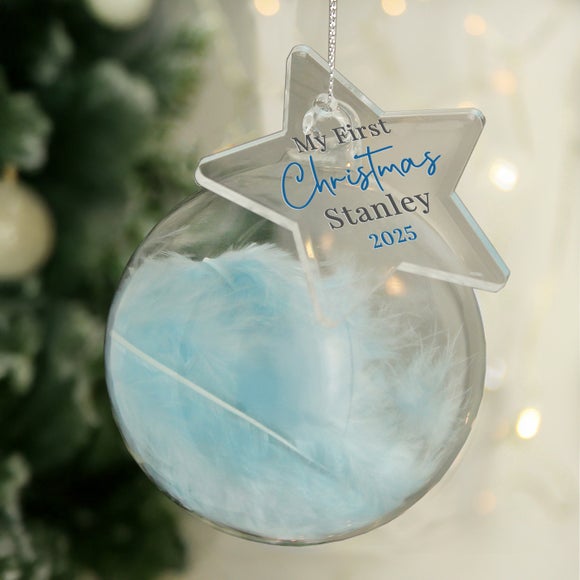 Personalised Blue Feather 1st Christmas With Acrylic Star Bauble