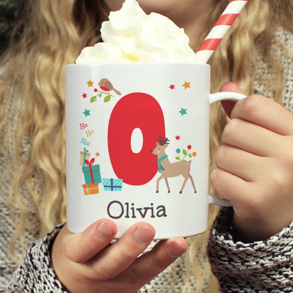 Personalised Initial Reindeer Plastic Christmas Mug