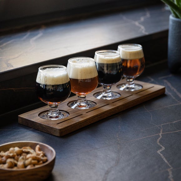 BarCraft Wooden Tasting Paddle with Set of 4 Glasses