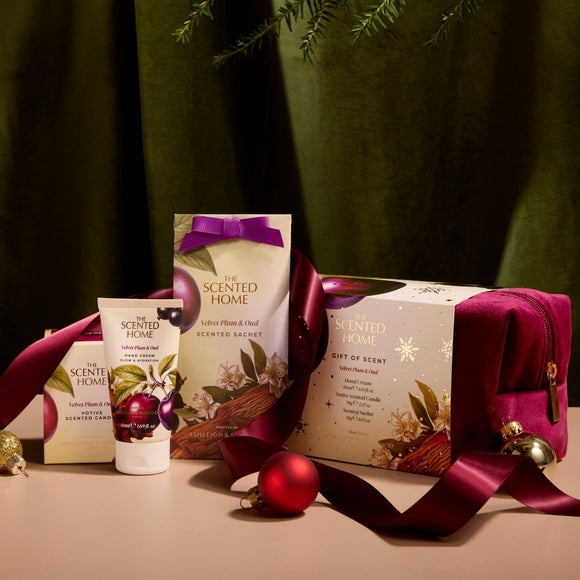 The Scented Home Velvet Plum and Oud Diffuser, Hand Cream and Scented Sachet Gift Set