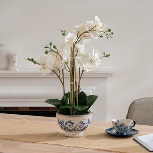 Artificial Cream Phalaenopsis Orchid In Crackle Pot