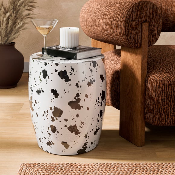 Metal Drum Cow Print Side Table