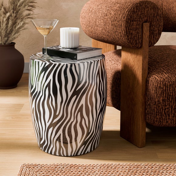 Metal Drum Zebra Print Side Table