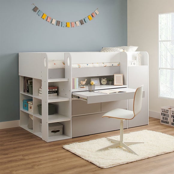 Bailey Kids Cabin Bed Frame With Pull Out Desk Wardrobe And Storage Shelves
