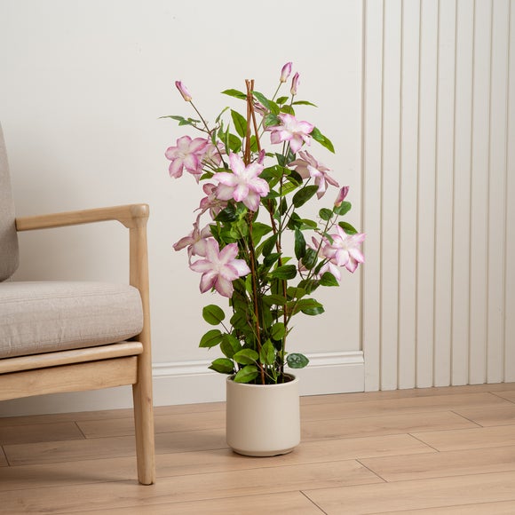 Artificial Pink Clematis in Cream Plant Pot