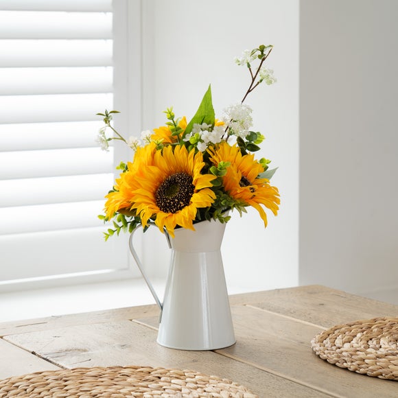 Artificial Sunflowers in White Metal Jug