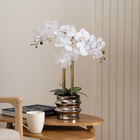 Artificial Orchid in Silver Ceramic Pot