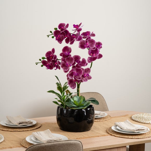 Artificial Pink Orchid Foliage in Black Ceramic Pot