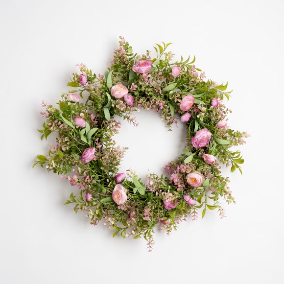 Click to view product details and reviews for Artificial Pink Rannunculus Wreath.