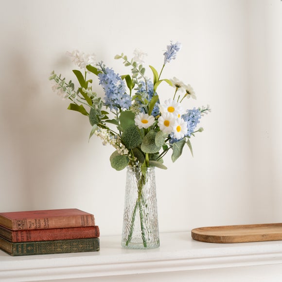 Click to view product details and reviews for Artificial Blue White Floral Arrangement In Glass Vase.