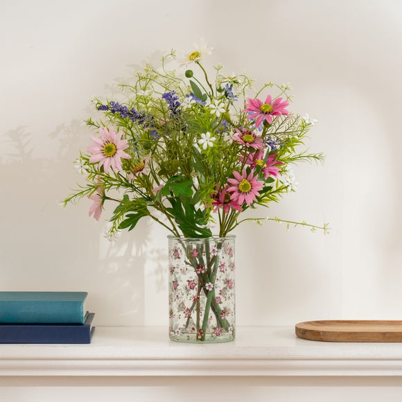 Artificial Meadow Floral in Printed Glass Vase