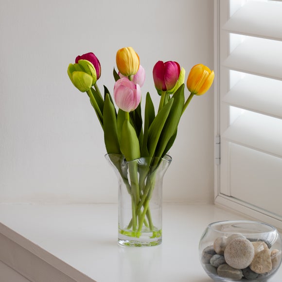 Click to view product details and reviews for Artificial Brights Tulips In Handkerchief Vase. Click to view product details and reviews for Artificial Brights Tulips In Handkerchief Vase.