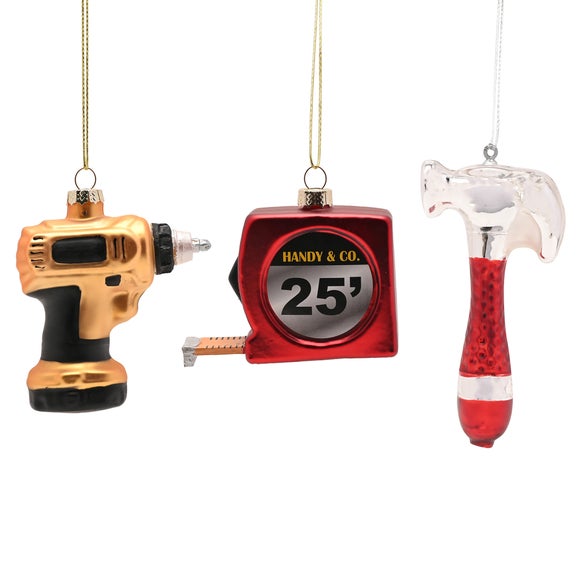 The Christmas Gift Co Set of 3 Glass Tool Hanging Decorations