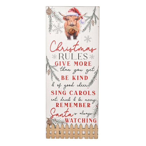 The Christmas Gift Co Highland Cow Christmas Rules Plaque
