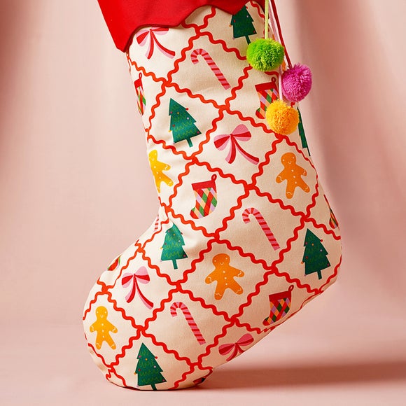 Raspberry Blossom Checkered Gingerbread Print Stocking