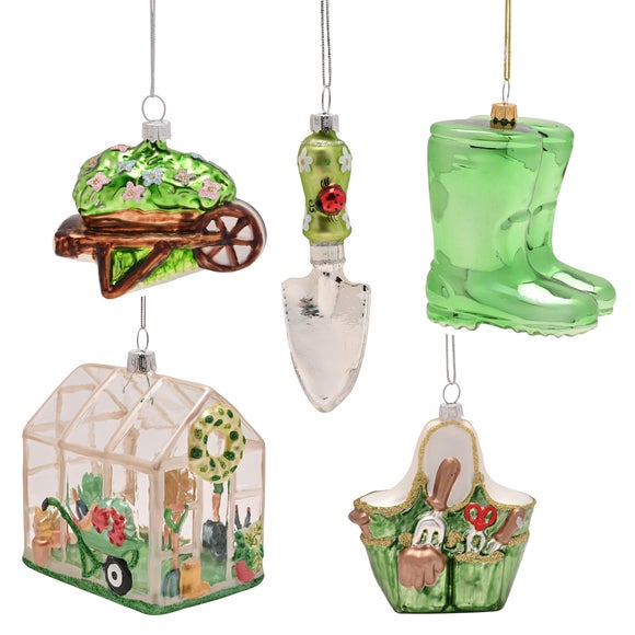 The Christmas Gift Co Set of 5 Glass Gardening Tool Hanging Decorations