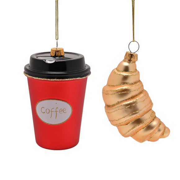 The Christmas Gift Co Set of 2 Croissant and Coffee Hanging Decorations