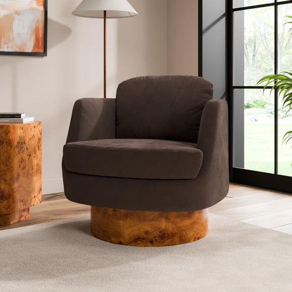 Tova Velvet Swivel Chair with Dark Burl Wood Effect Base