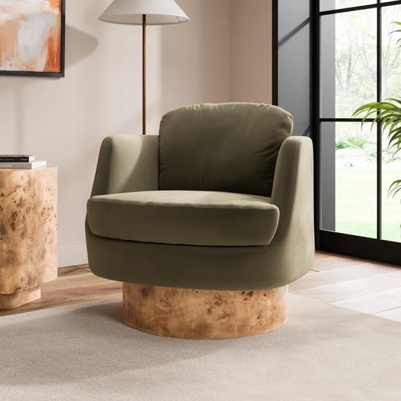 Tova Velvet Swivel Chair with Light Burl Wood Effect Base