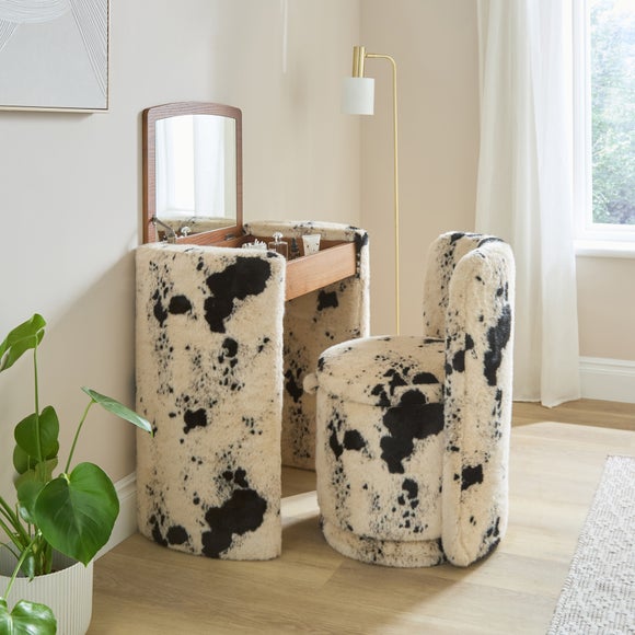 View Frankie Cow Print Compact Dressing Table Set With Mirror And Stool View Frankie Cow Print Compact Dressing Table Set With Mirror And Stool