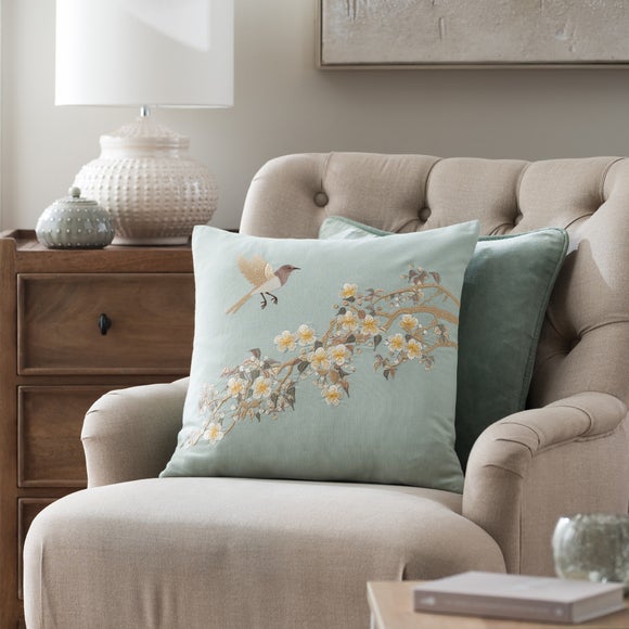 View Embroidered Sparrow Cotton Square Cushion View Embroidered Sparrow Cotton Square Cushion