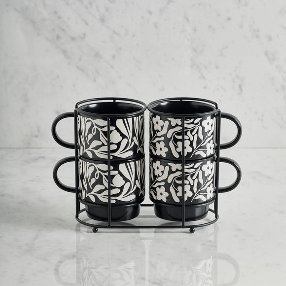Set of 4 Textured Floral Stacking Mugs
