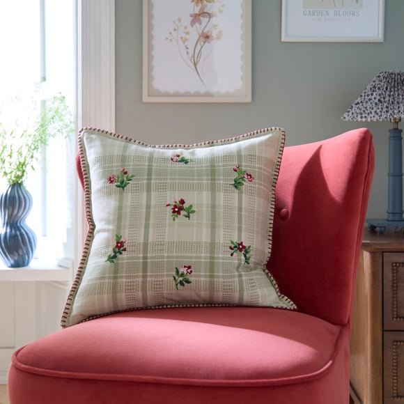 Vintage Floral Check Cotton Square Cushion