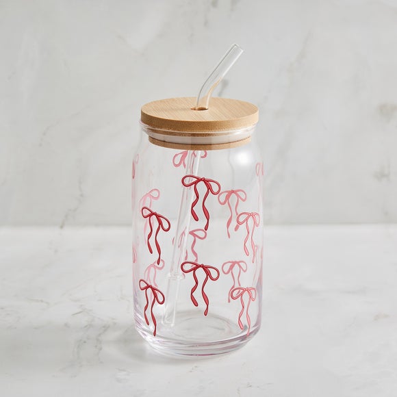 Pink Bow Glass Tumbler with Straw