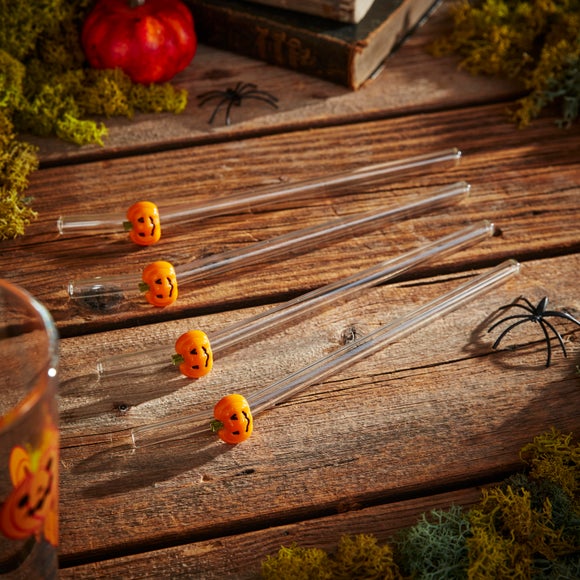 View Pack Of 4 Pumpkin Glass Straws View Pack Of 4 Pumpkin Glass Straws