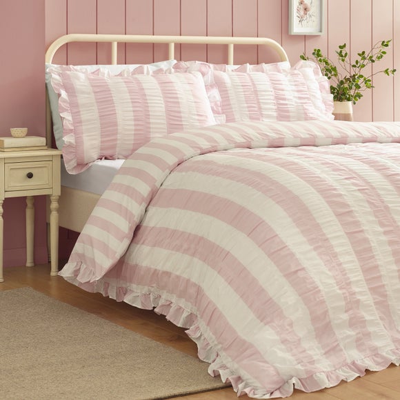 Catherine Lansfield Seersucker Frill Stripe Polycotton Duvet Cover & Pillowcase Set