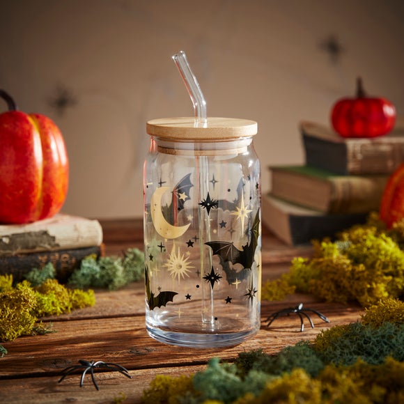 Bats & Moon Glass Tumbler with Straw