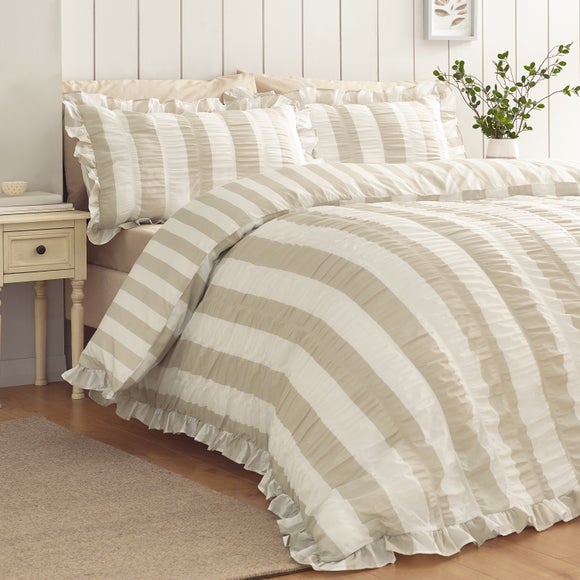 Catherine Lansfield Seersucker Frill Stripe Polycotton Duvet Cover & Pillowcase Set