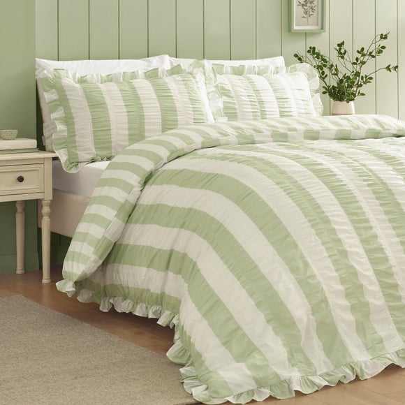 Catherine Lansfield Seersucker Frill Stripe Polycotton Duvet Cover & Pillowcase Set
