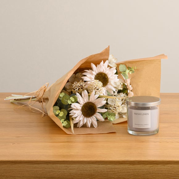 Artificial Cream Sunflower Bouquet & Fresh Linen Candle Gift Set