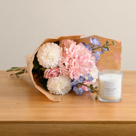 Artificial Pastel Bouquet & Lime & Basil Candle Gift Set