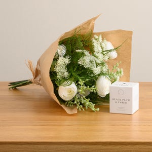 Artificial Floral Foliage Bouquet & Black Plum & Amber Candle Gift Set