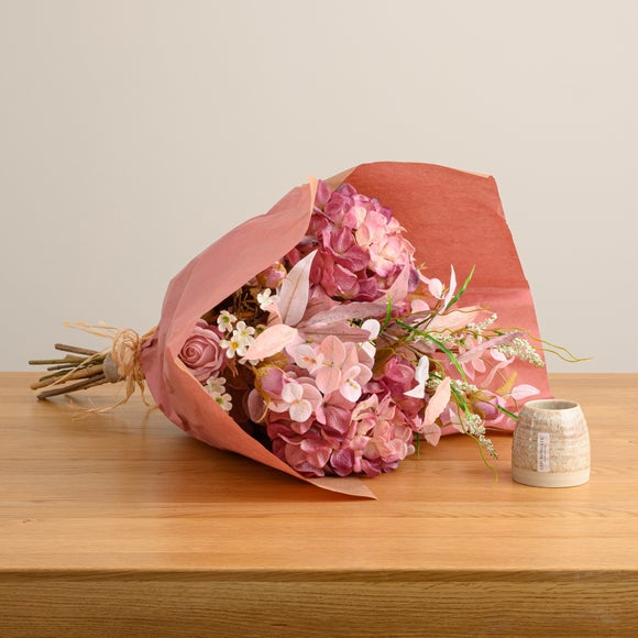 Click to view product details and reviews for Artificial Pink Dried Look Bouquet Vanilla Sandalwood Ceramic Candle Gift Set.
