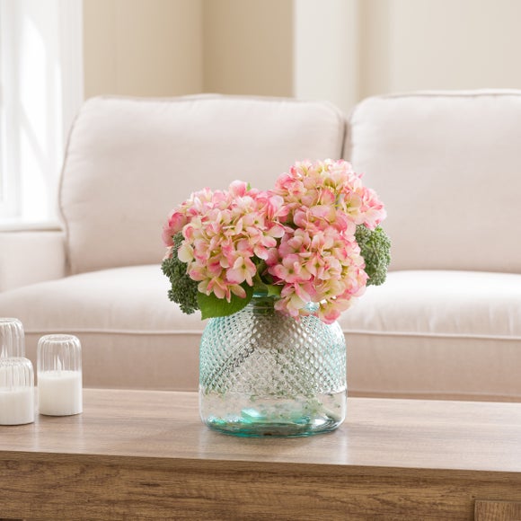 Artificial Pink Hydrangea in Clear Glass Vase
