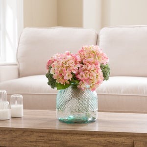 Artificial Pink Hydrangea In Clear Glass Vase