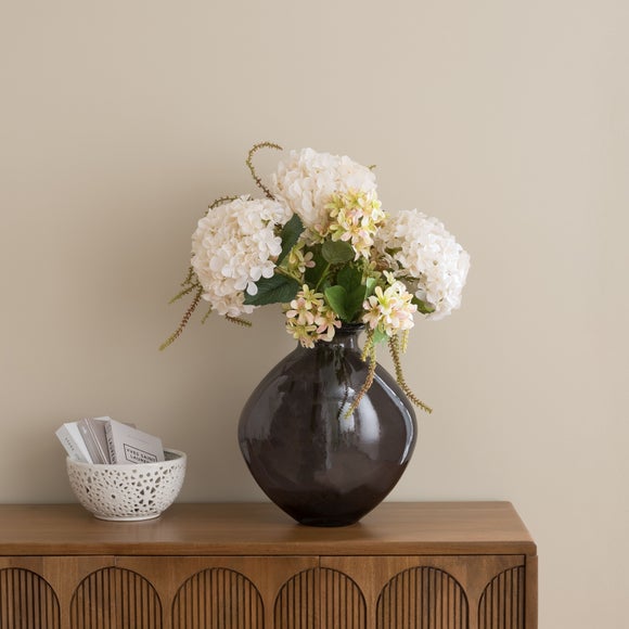 Artificial Hydrangeas & Grass in Charcoal Glass Vase