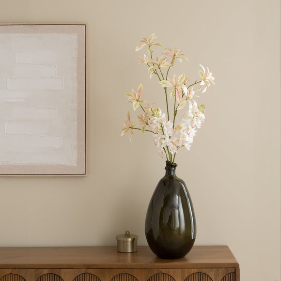 Artificial Orchid & Foliage in Green Glass Vase